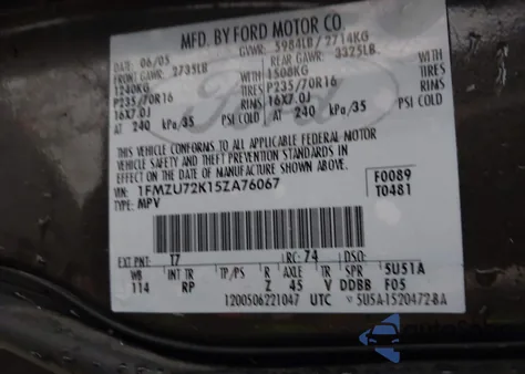 2005 Ford Explorer Xls/Xls Sport из США, поврежденный, VIN 1FMZU72K15ZA76067